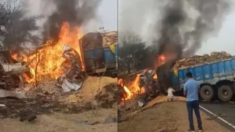 Bihar: जमुई में दो ट्रकों में टक्कर से लगी आग, बेटे के सामने जिंदा जल गया पिता, तीन घायल 
