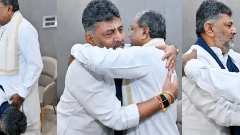 कर्नाटक में सत्ता परिवर्तन: CM सिद्दरमैया ने किया इस्तीफे का एलान, डीके शिवकुमार  ने CM के पैर छुए, गले लगे...