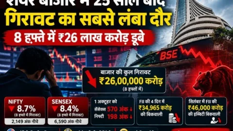 25 साल बाद शेयर बाजार में सबसे लंबी गिरावट, 8 हफ्तों में ₹26 लाख करोड़ डूबे